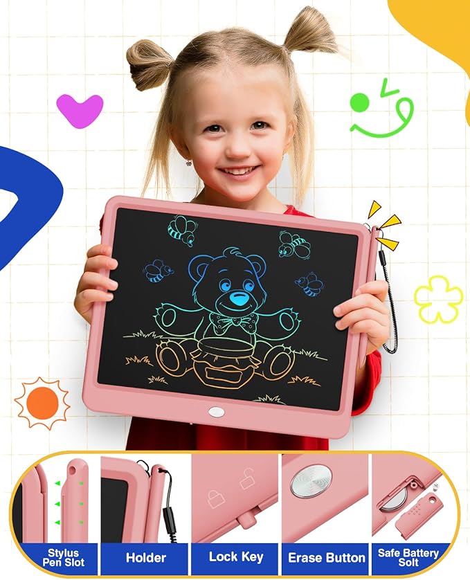 ORSEN LCD Writing Tablet 12 Inch, Colorful Doodle Board Drawing Tablet, Erasable Reusable Writing Pad, Educational for 3-8 Year Old Girls Boys(Pink)