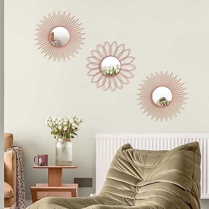 3 Pack Metal Mirrors for Wall Sunburst Wall Mirrors Home Décor Decorative Hanging Wall Art for Living Room Bedroom Entryway (Pink, Flower+Sunburst)