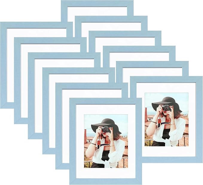 Picrit 8x10 Picture Frame Set of 12, Display 5x7 with Mat or 8x10 without Mat, Photo Frames for Wall Mounting or Table Top Display, Blue