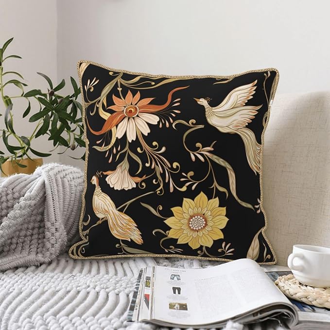 Flowers Birds Velvet Pillow Covers 18x18 Inch Vintage Floral Black Throw Pillows for Couch Farmhouse Cushion Covers Pillowcase Retro Rustic Pillow Cases for Sofa Bed Living Room Outdoor