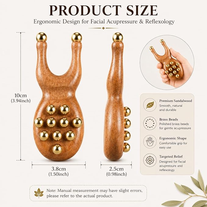 Scarab Acupressure Tool & Wooden Gua Sha Comb Set, Sandalwood Facial Massage Tools with Brass Beads for Face, Jawline, Scalp & Eye Care, Relaxation & Self Care Gift Set