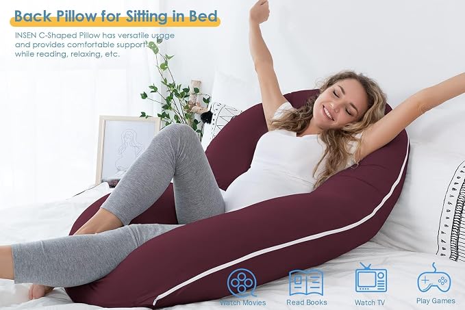 INSEN Pregnancy Pillow, Maternity Body Pillow with Velvet Cover, C Shaped for Side Sleeping, Dark Purple