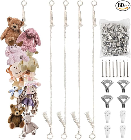 Stuffed Animal Storage Chain 80 Inch, Munzong 4pcs Beige Hanging Stuff Animals organizer, Cotton Toy Display Chain with 80 Clips, Toys Organizers Holder for Toddler Kids Nursery Room Wall Corner Decor