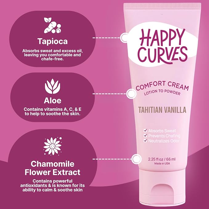 HAPPY CURVES Lotion to Powder Anti Chafing Odor Control Cream for Women: Aluminum-Free Cream for Private Parts, Under Breast, & Body 2.25 Fl Oz (1 Pack, Tahitian Vanilla)
