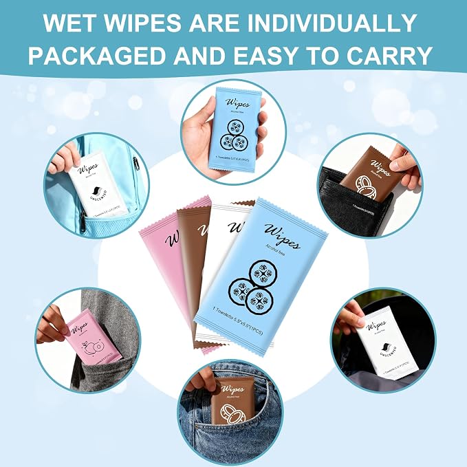 Individual Hand Wipes Wet Wipes Travel Size,Wet Wipes Individually Wrapped | 200PCS Bulk Cleansing Travel Size Wipes for Wedding Travel Restaurant Barbecue(Cucumber,Coconut,Peach,Unscented)