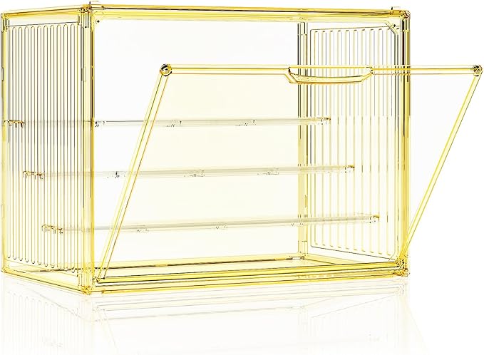 Clear Yellow Acrylic Figure Display Case for Collectibles 4 Layer Hobby Figurine Display Shelf Cases Stackable Display Boxes with Shelves for Pop Mart, Action Figures, Model, 1Pack