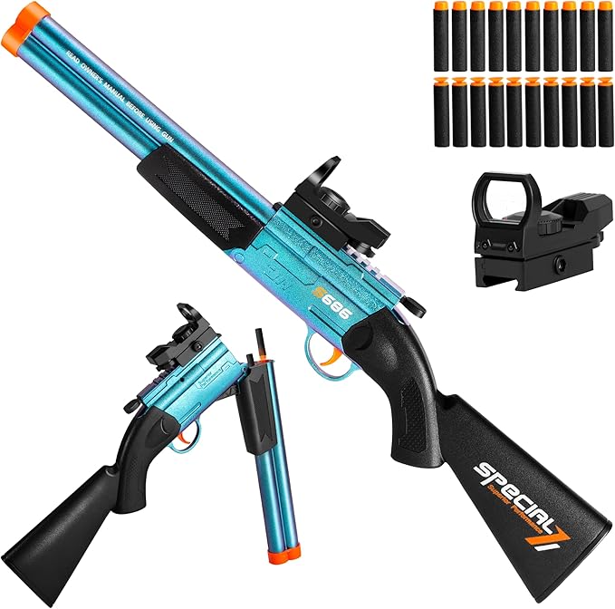 Toy Gun Double Barrel Shotgun Toy,with 20 Soft Bullet Darts, Toy Foam Blaster Foam Dart Blaster with Scope for Kids, Youth, Teen, Boys-Holiday for 8-12 Year (Blue)