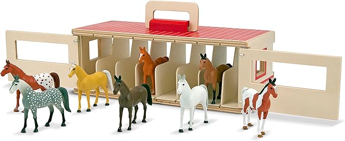 Melissa & Doug Take-Along Show-Horse Stable Play Set– Pretend Play Wooden Barn Toy with 8 Horse Toys & Carrying Case, Portable Preschool Travel Toys for Kids Ages 3+