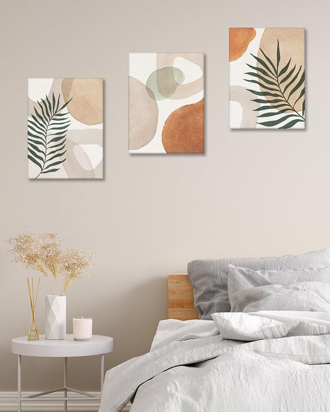 HesenDot Abstract Botanical Wall Art Set of 3, 40x60CM Neutral Plant Framed Canvas Prints, Beige Green Boho Aesthetic Wall Decor for Living Room Bedroom Bathroom Office Home