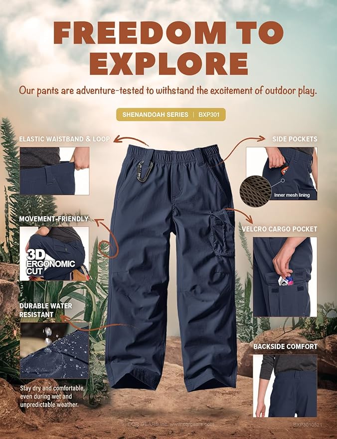 CQR Kids Boy’s Hiking Cargo Pants, Water Resistant UPF 50+ Quick Dry Youth Casual Outdoor Climbing Camping Trousers