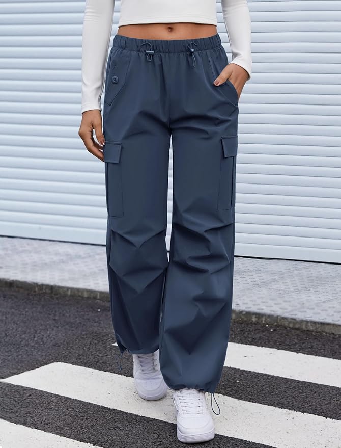 COPYLEAF Cargo Pants Women Elastic Waisted Parachute Hiking Pants with Pockets Water-Resistant Lightweight Baggy Pants