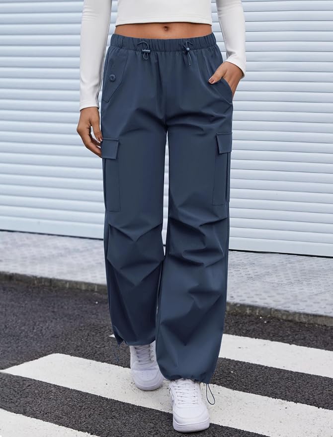 COPYLEAF Cargo Pants Women Elastic Waisted Parachute Hiking Pants with Pockets Water-Resistant Lightweight Baggy Pants