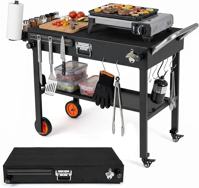 Happygrill 32”W x 18”D Folding Grill Cart for 17” & 22” Griddles | Outdoor Portable BBQ Prep Table w/Heat-Resistant Mat, Lockable Wheels, Magnetic Knife Holder, Pizza Oven Stand for Camping