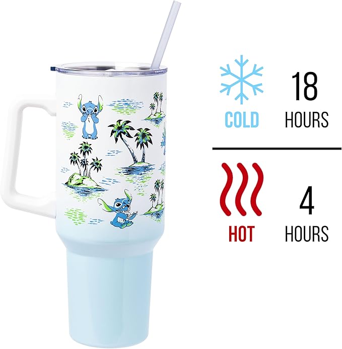 Silver Buffalo Disney Lilo and Stitch Vintage Sketch Palm Trees & Flowers Double Walled Stainless Steel Tumbler with Handle and Straw, Fits in Standard Cup Holder, 40 Ounces (Pack of 12)