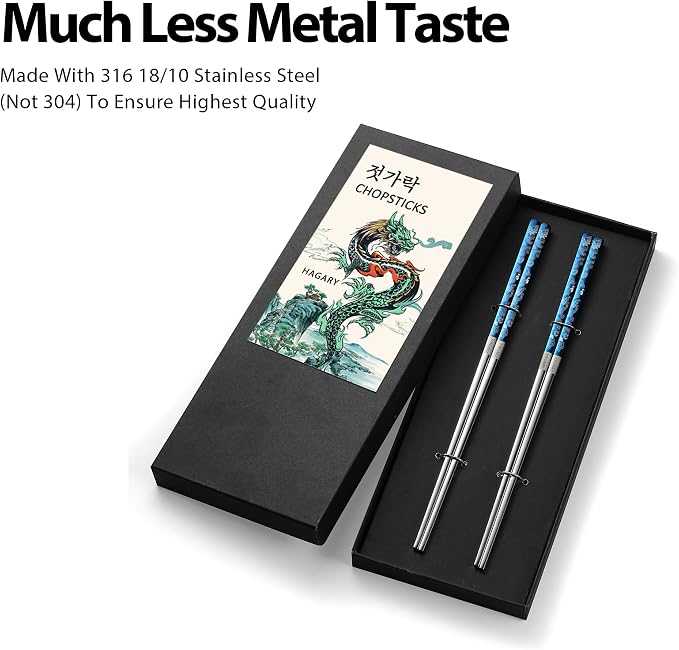 Hagary Dragon Chopsticks Metal Reusable Designed In Korea Japanese Style Stainless Steel 316 18/10 Non-Slip Dishwasher Safe Laser Etched (Blue - 2 Pairs)