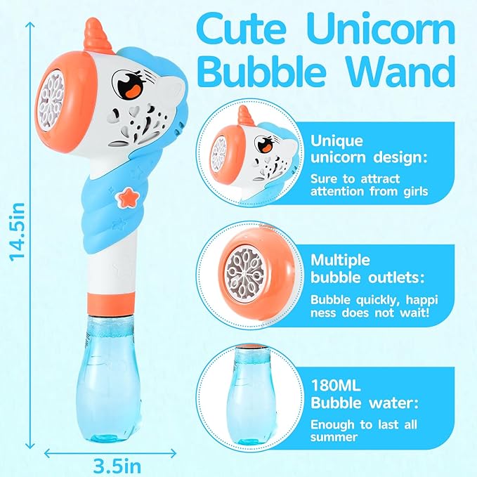 Unicorn Bubble Machine Wand for Kids Toddlers Age 1 2 3 4 5 6 7 8 Years Old Cute Birthday Party Easter Day Gift with Music&Light Baby Outdoor Outside Toy Game for Little Girl Boy Include Solution Blue