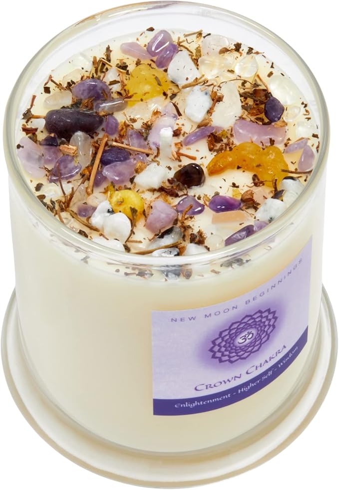 Crown Chakra Candle by New Moon Beginnings - Chakra Candles - Dried Flower, Herb, & Crystal Candles - Aromatherapy Candles - Soy Candle - 12oz Glass Jar