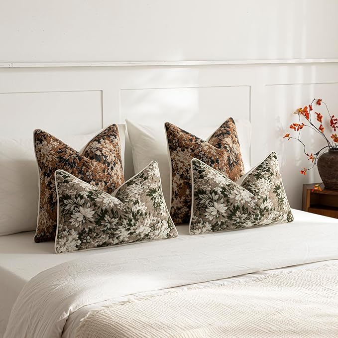 Pack of 2 Vintage Floral Euro Sham Covers 26x26 Boho Farmhouse Accents Chenille Square Decorative Throw Pillow Cases for Living Room Couch Bed Home Decor, Cognac