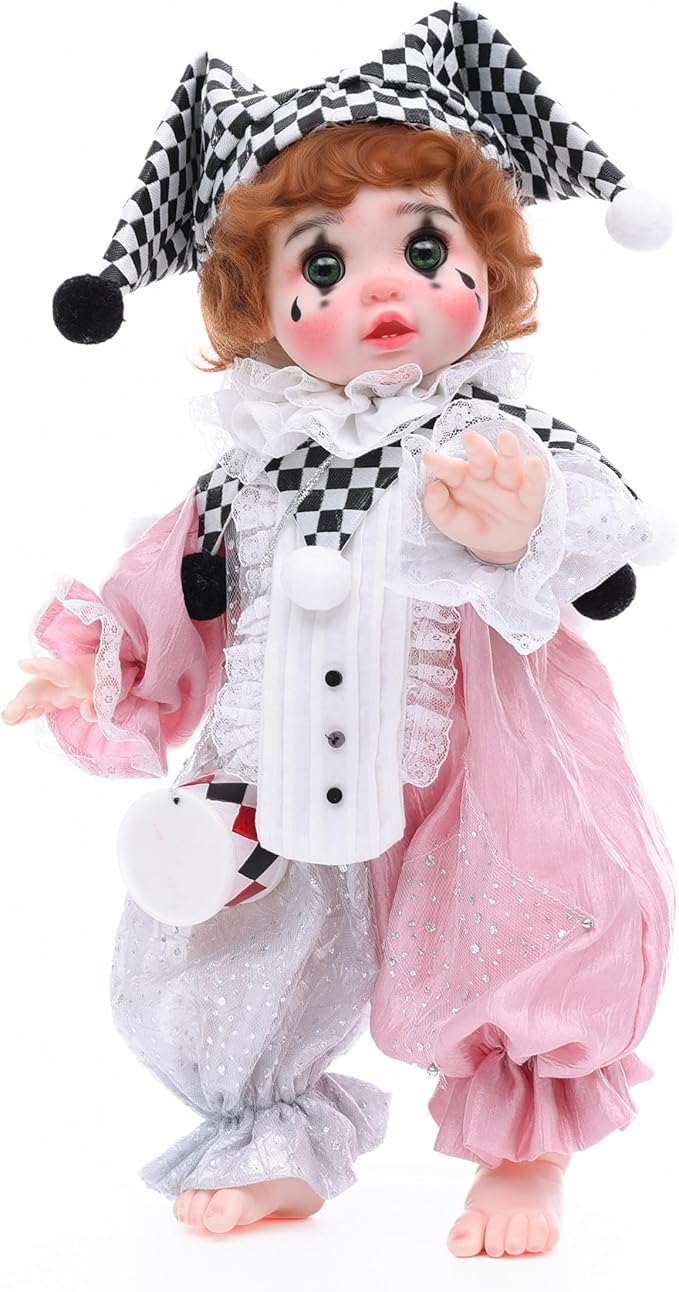 Harlequin Clown Reborn Toddler Girl Dolls – 18 Inch Baby Doll with Curly Hair, Checkered Hat, Pink & Silver Costume, and Mini Drum, Baby Dolls for 5 Year Old Girls, Parents, Collectors