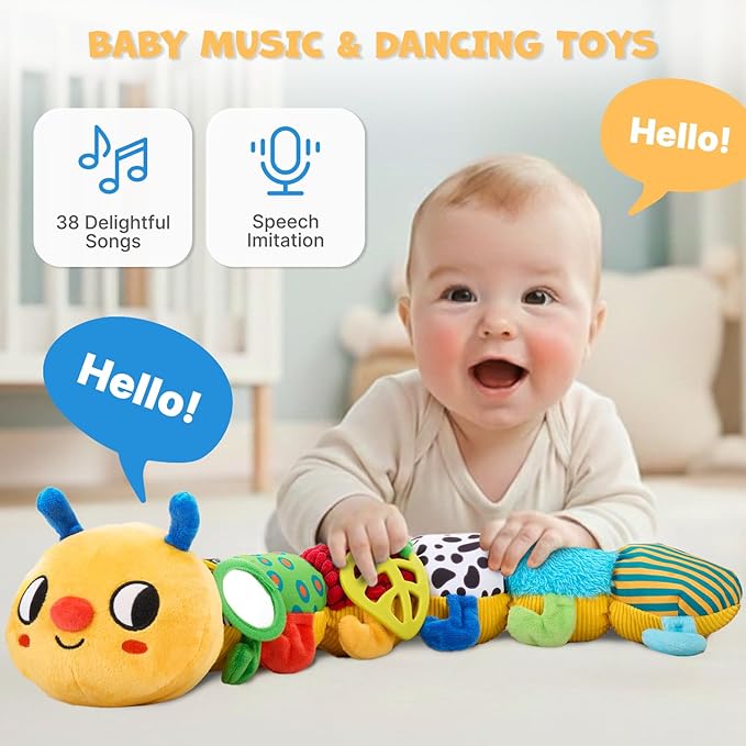 JoyCat Baby Toys 0-18 Months, Musical Crawling Caterpillar Plush Toy - 38 Songs & Recording Feature, Bouncing Tummy Time Toy, Sensory Toys with Crinkle & Textures for Newborn Boys Girl Shower Gifts