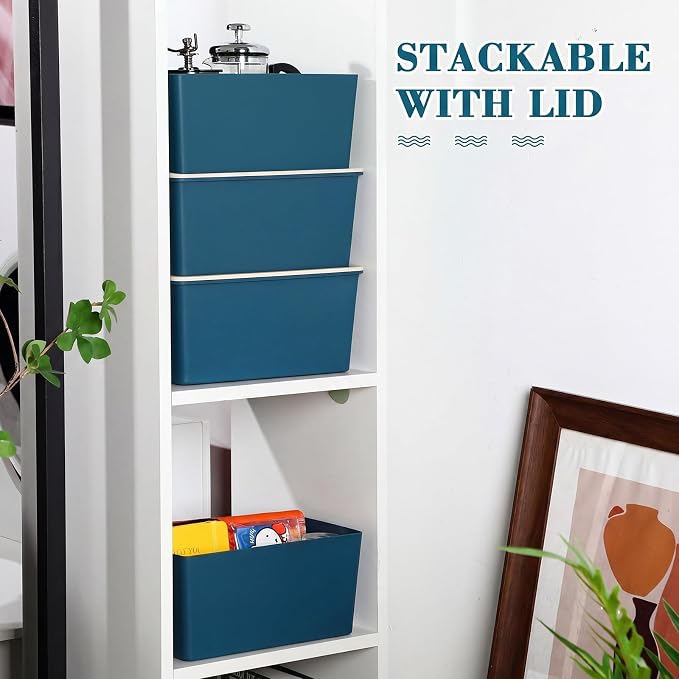 4 Pcs Storage Bins with Lids Plastic Stackable Containers for Classroom Room Organizing Shelves Christmas Ornament Box Baskets(Blue,Large)