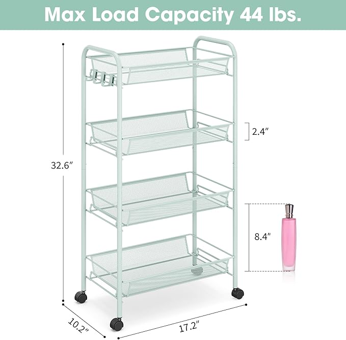 TOOLF 4 Tier Rolling Cart, Metal Utility Storage Cart with Wheels, Green | 3 Hooks, Screwless Assembly, Trolley Organizer for Bathroom, Kitchen, Office, Nursery, Dorm, Laundry Room