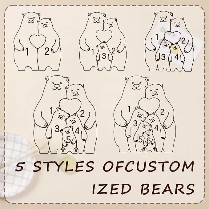 Personalized Wooden Cute Bear Puzzle - Customizable with 2-6 Names Bear Family Puzzle, Home Decor Housewarming Gift Unique Christmas, Halloween Wooden Animal Decoration (Cute Bear)