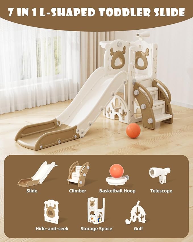 YUFU 7 in 1 Kids Slide for Toddlers, Toddler Slide Playset with Golf, Climber, Basketball Hoop and Ball, Indoor Outdoor Toddler Playground for Kids Age 1-3 (Brown)
