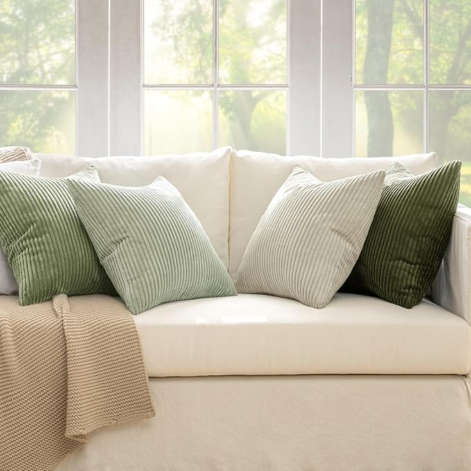 MIULEE Soft Corduroy Decorative Throw Pillow Covers Light Green 20x20 | Set of 4, Mordern Nordic Decor, Light Green Gradient Matching, Boho Farmhouse Cushion Covers for Couch Bed Sofa Living Room