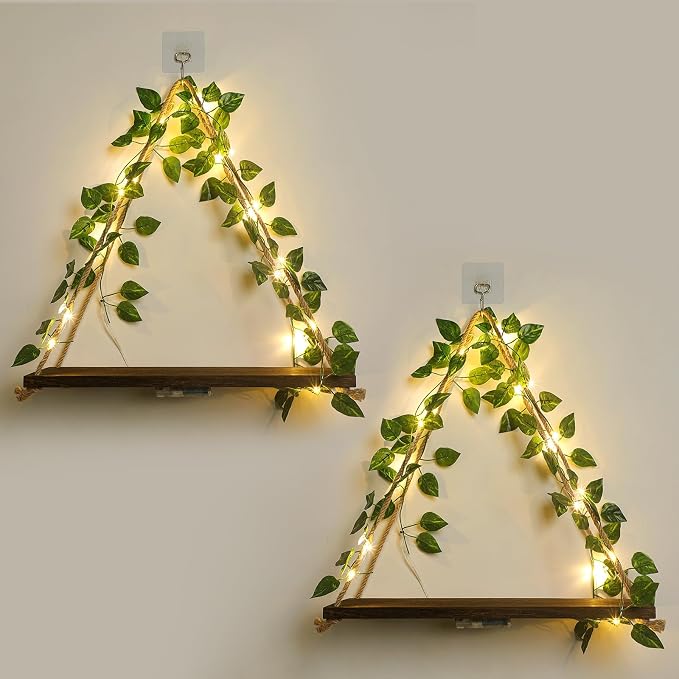 Floating Shelves for Wall,Hanging Shelves,Room Decor,Wall Decor,Boho Decor | Floating Shelves No Drill,Trinket Shelf,Cottage Core Wall Decor,2-Pack Shelf Set Includes Artificial Ivy & LED Lights