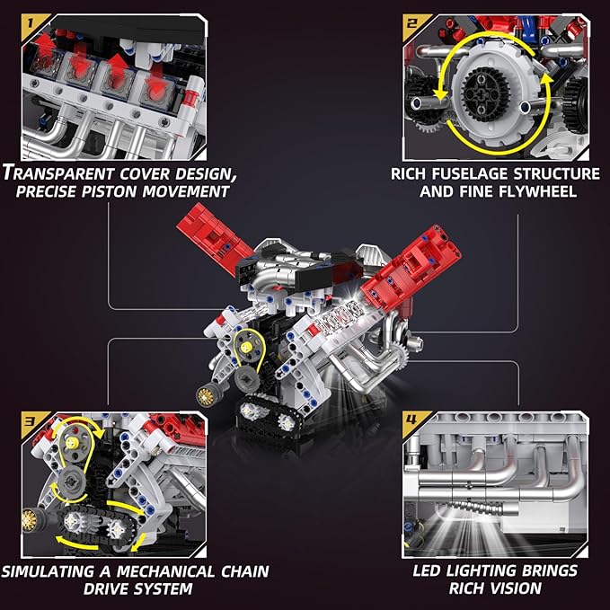 V8 Engine Building Blocks Kit That Run with LED Light and APP Control,Collectible Set for Adults,Car Engine Building Engineering STEM Projects for Kids Boys (700 Pcs)