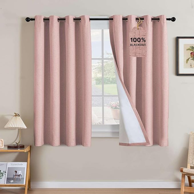 H.VERSAILTEX Linen Curtains 100% Blackout Curtains for Bedroom 54 inch Long Full Light Blocking Nature Linen Blended Window Curtains for Living Room Nickel Grommet (2 Panels, Heathered Baby Pink)