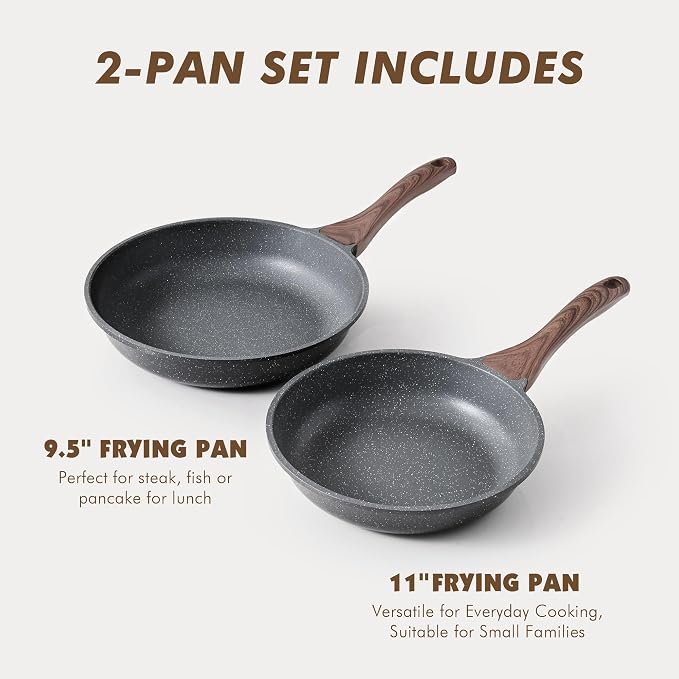 SENSARTE Nonstick Frying Pans, Grey(9.5+11 Inch) | Swiss Granite Coating, Free of PFOA&PFOS, Compatible with All Stoves Including Induction Cooktops, Easy to Clean
