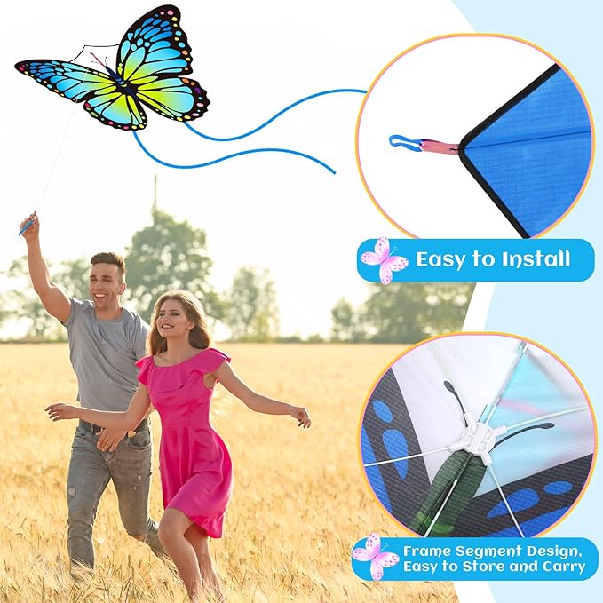 Silipull 2 Pcs Butterfly Kite 55" x 28" Large Kites with 328ft Kite String Beach Colorful Kites for Adults Beginner Outdoor Supplies (Rainbow and Blue)