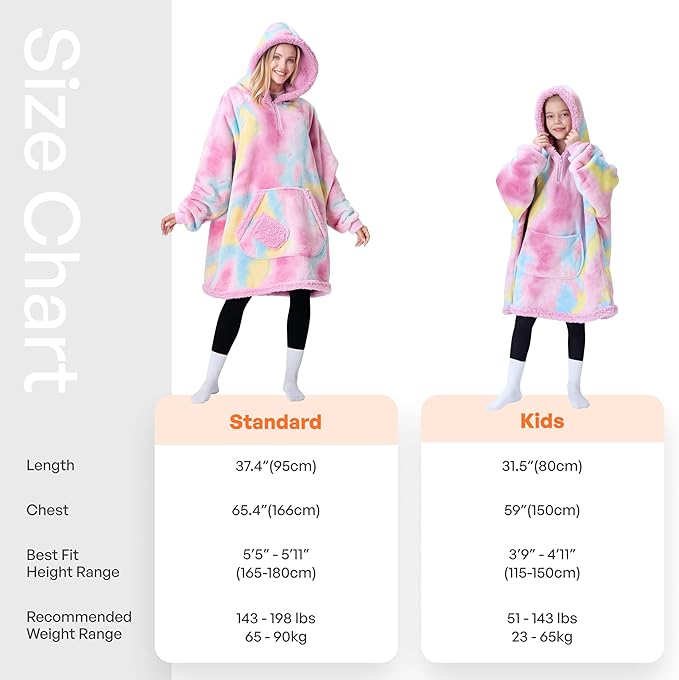 Giggling Getup Wearable Blanket Hoodie for Adults Gifts for Teen Girls Sister Women Sherpa Fleece Printed Hooded Blanket Sweatshirt Warm Cozy with Pocket & Sleeves Cotton Candy Tie Dye