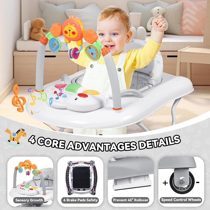Baby Walker, 5 in 1 Baby Walkers for Boys Girls 6-12 Months, Foldable Walkers for Babies with Bouncer & Feeding Tray, Music, Adjustable Heights, Activity Walker for Infant