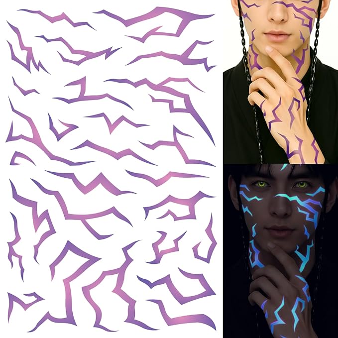 UV Glow Pattern Temporary Tattoos | 3 Sheets Purple Demon Energy Pattern | Blacklight Activated Neon Blue | Hunter Cosplay | Fake Tat Stickers | Kpop Birthday, Glow Party, RPD, Halloween