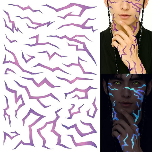 UV Glow Pattern Temporary Tattoos | 3 Sheets Purple Demon Energy Pattern | Blacklight Activated Neon Blue | Hunter Cosplay | Fake Tat Stickers | Kpop Birthday, Glow Party, RPD, Halloween