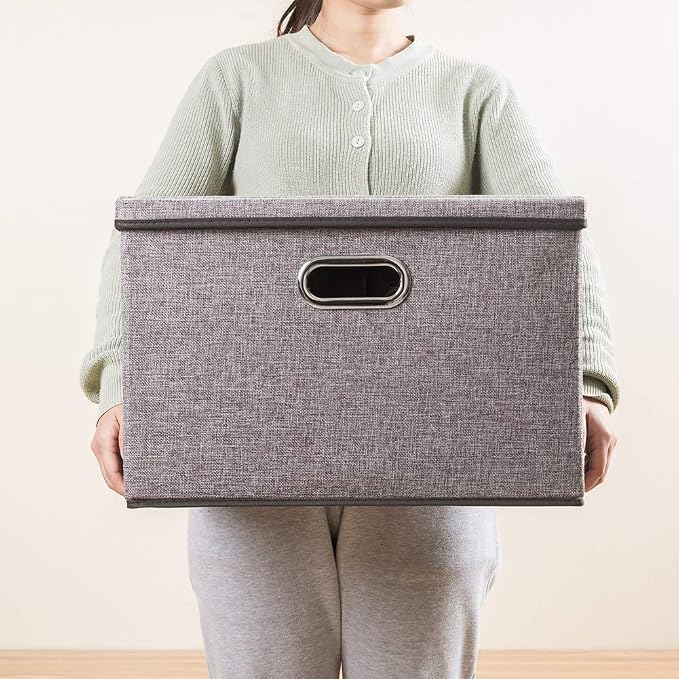 Large Collapsible Storage Bins with Lids [3-Pack] Linen/Cotton Blend Foldable Storage Boxes Organizer Containers Baskets Cube with Cover for Home Bedroom Closet Office Nursery(17.7x11.8x11.8)