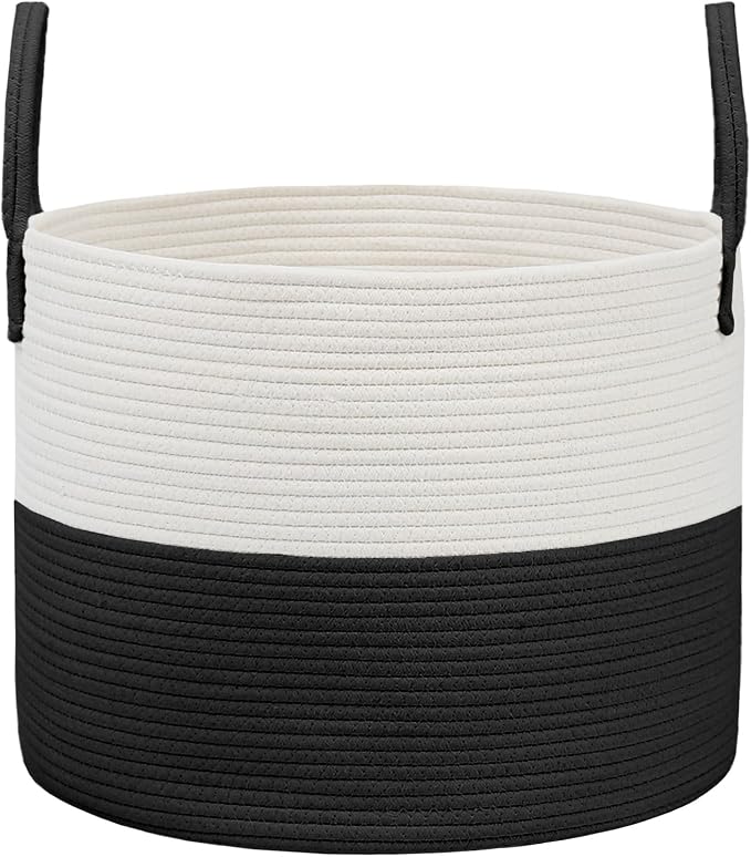 JMvicyroam 115L Extra Large Machine Washable Cotton Rope Blanket Basket | Collapsible laundry hamper, Reinforced handles, For blankets, pillows, toys and clothes, Living room and bedroom, White&Black
