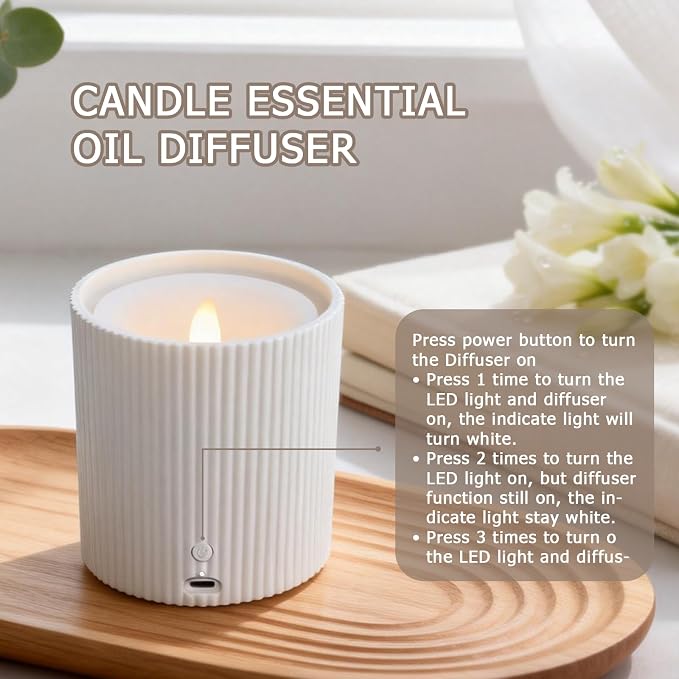 Waterless Essential Oil Diffuser,LED Candle Diffuser with Rechargeable,Wireless Candle Waterless Diffuser,3D Wick and Realistic Candle Flame Diffuser with 12PCS Cotton Pads(with Battery)