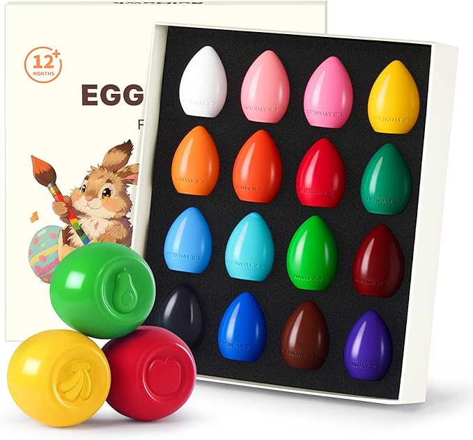 Egg Crayons for Toddlers 1-3, 16 Pack Jumbo Palm Grasp Crayons with Anti-Roll Flat Bottom & Fruit Patterns, Washable, Non-Toxic & Unbreakable Art Supplies Gifts for Boys Girls