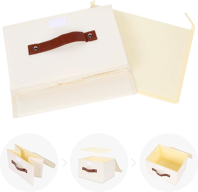 ANMINY Fabric Storage Box Bins with Lids, Beige, 10"x8"x7", 2 Pack | Keepsake Memory Storage, Cotton Linen, PP Board Reinforced, Washable, PU Handles, Foldable & Stackable, Decorative, Small