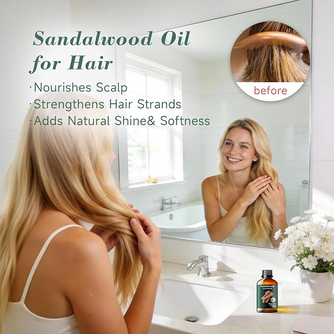 Sandalwood Essential Oil, Woody Scent, Meditation, Diffuser, 3.38 Fl Oz | Mumianhua Sandalwood Oil, Steam-Distilled Earthy Aroma. For Pillow Mist, Skin, DIY, Candle & Evening Diffusion