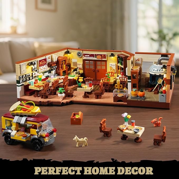 City Street Pizza Restaurant Building Set with Light, 1098PCS Pizzeria House Architecture Model with Retro Pizza Van, Home Decor Construction Building Block Gift for Adults Teens Boys Girls 12+