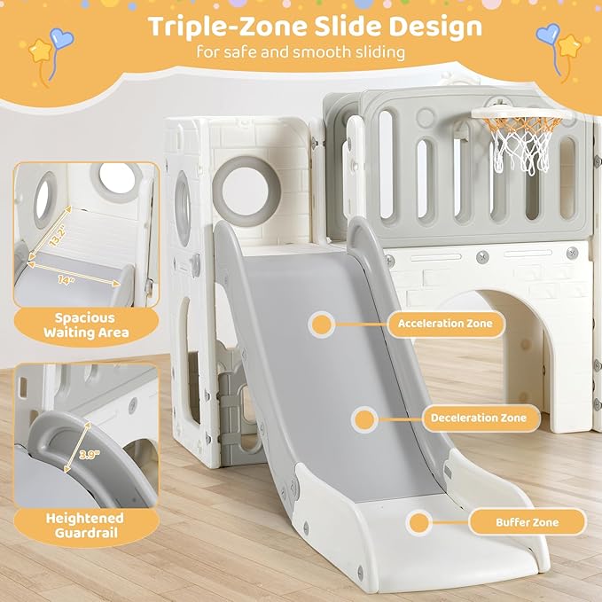 Arlopu 9 in 1 Toddler Slide Set, Kids Large Climber Slide Playset w/Long Slope, Telescope, Storage Space, Enclosed Steps, Indoor Outdoor Playground (White & Gray)