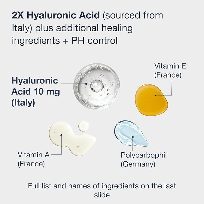 10 MG Hyaluronic Acid 10 Inserts for Women with Vitamin E, Vitamin A. Formulated in USA. Made in Italy. Long Lasting Ultra moisturizing for Dryness from hormonal Changes and Menopause