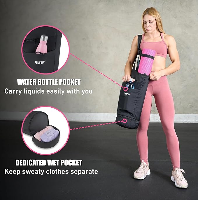 Elite Yoga Mat Bag for Women & Men, Yoga Gym Bag with Wet Pocket, Bottle & Zipper Pockets, Yoga Workout Essentials Carrier Yoga Bag with Mat Straps, Adjustable Shoulder Straps Carry on Sports Bag