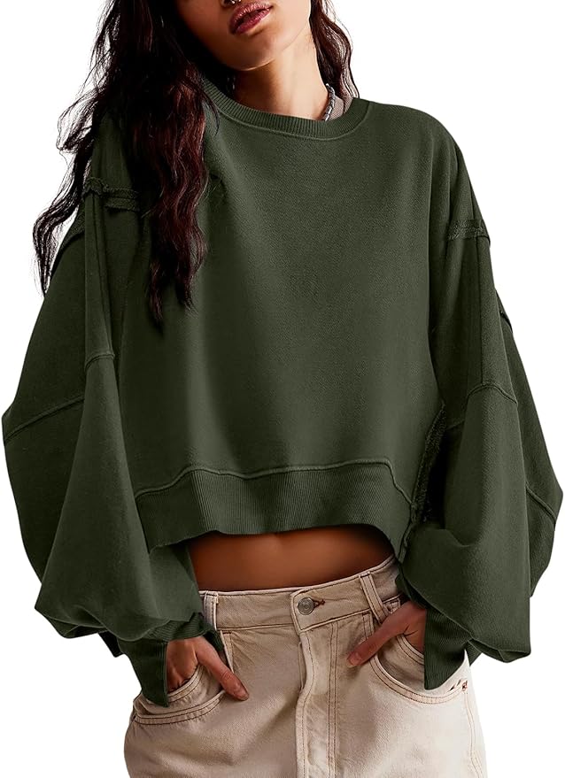 Zwurew Womens Casual Sweatshirt Cropped Shirts | Loose Fit, Tee Top, Pullover, Crop Hem, Design Trim, Daily Tops