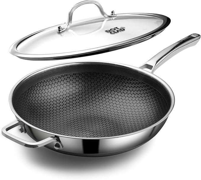 DOTCLAD Wok pan,Hybrid 13 inch Wok with Lid, PFOA Free Cookware,non stick Stainless Steel Woks & Stir-fry pans Nonstick, Dishwasher and Oven Safe, Works on Induction